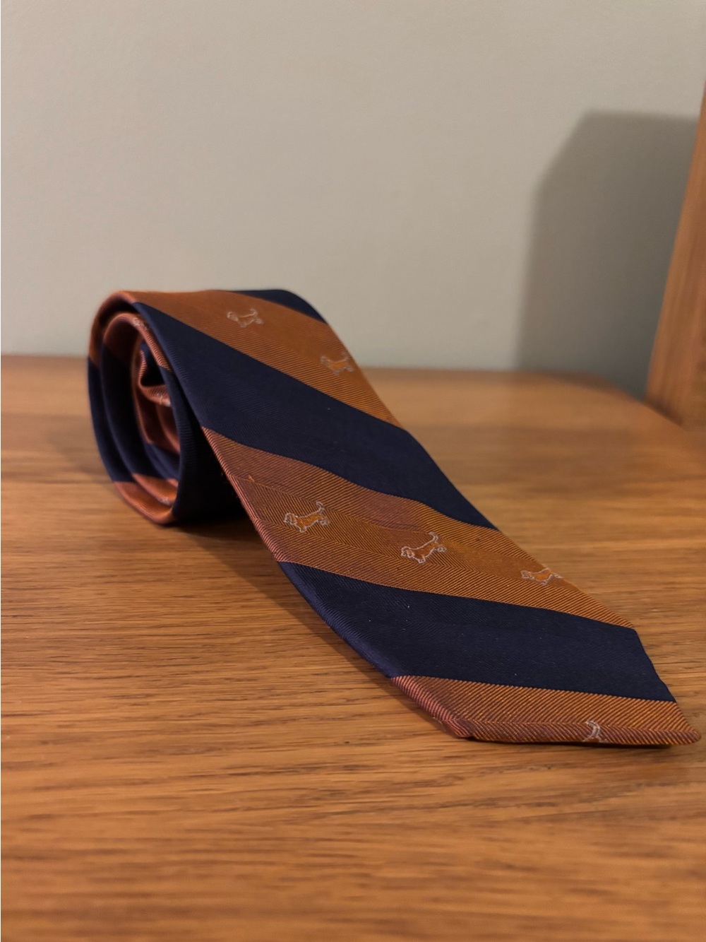 Tommy Hilfiger dachshund navy blue and orange striped dog necktie silk